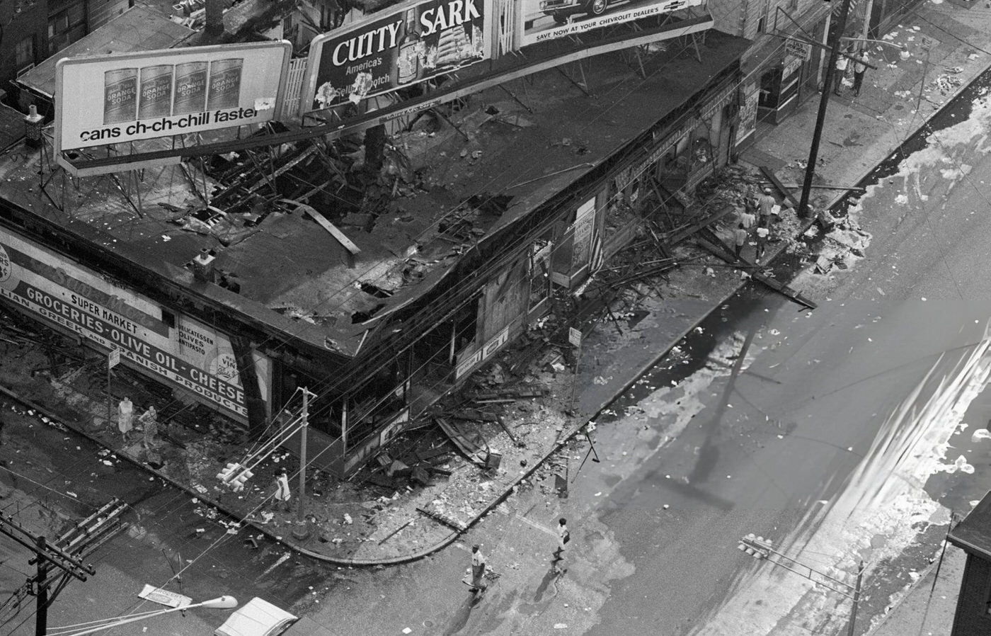 An aerial view shows a looted section, 1960s.