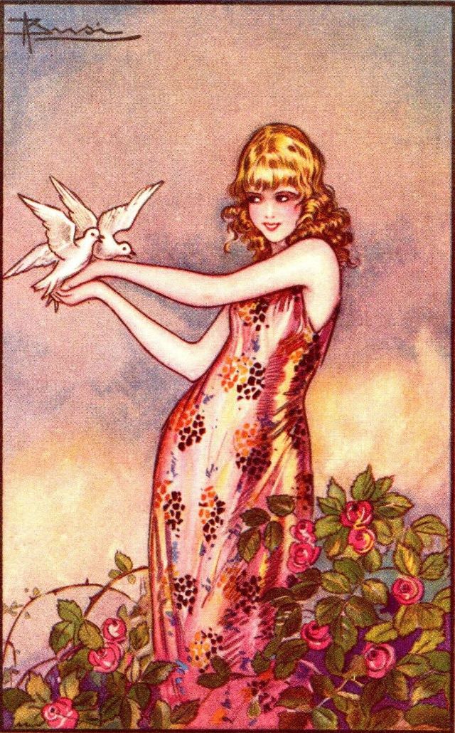 Lady holding two doves, circa 1920s