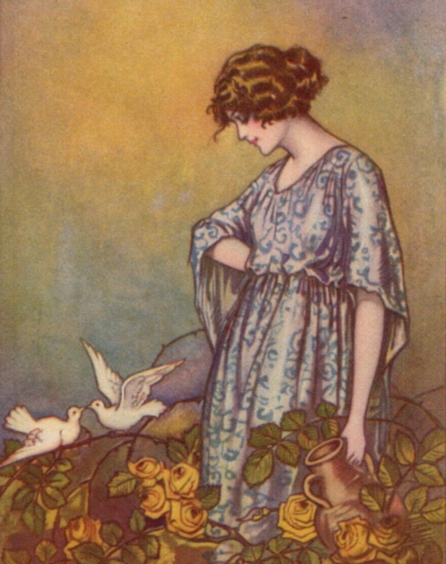 Pretty lady and two doves, circa 1920s