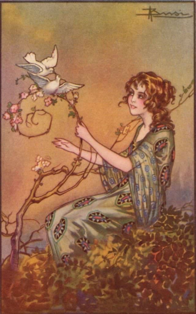 Pretty lady with doves, circa 1920s