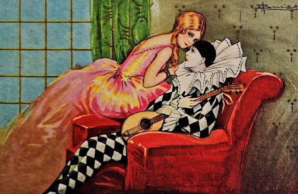 Beautiful woman and harlequin with lute, circa 1920