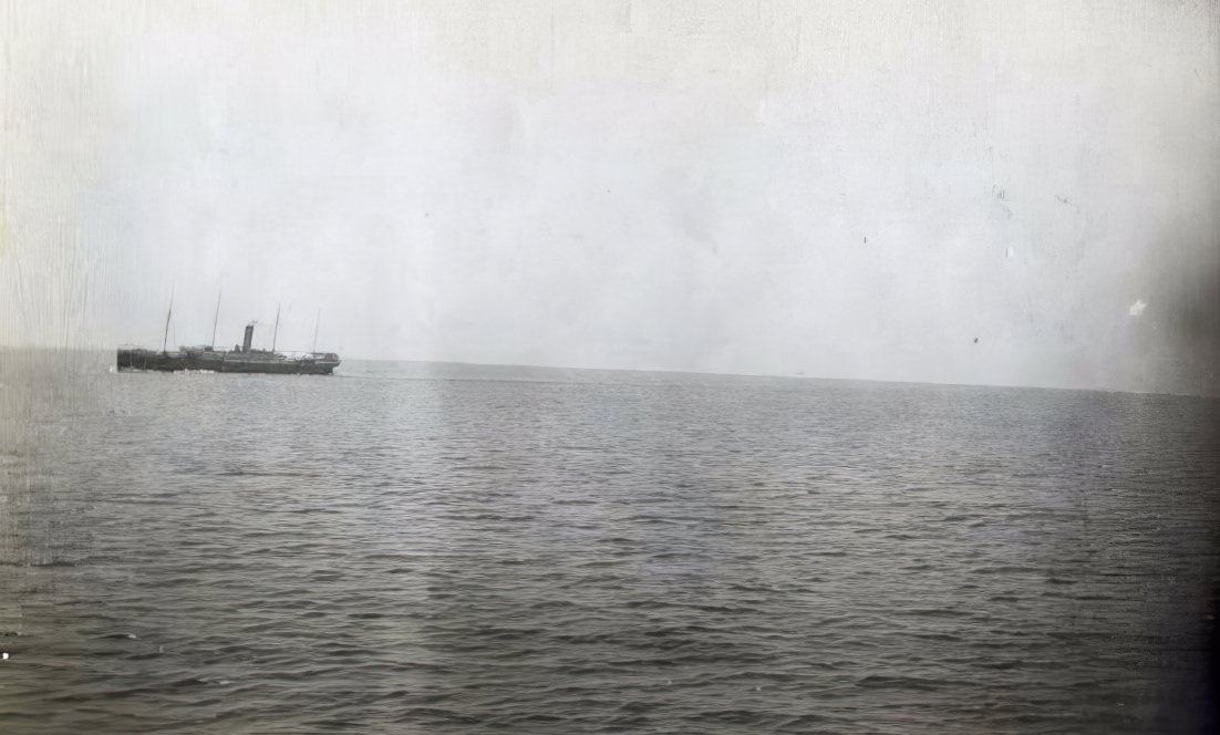 An original photo taken from the deck of the Carpathia shows another rescue ship, the S. S. Californian, approaching.