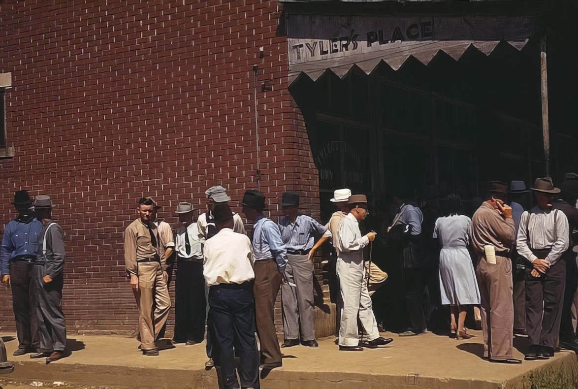 Farmers and townspeople gather outside 'Tyler's Place' on Court day in, Campton, Kentucky, ca. 1940s.
