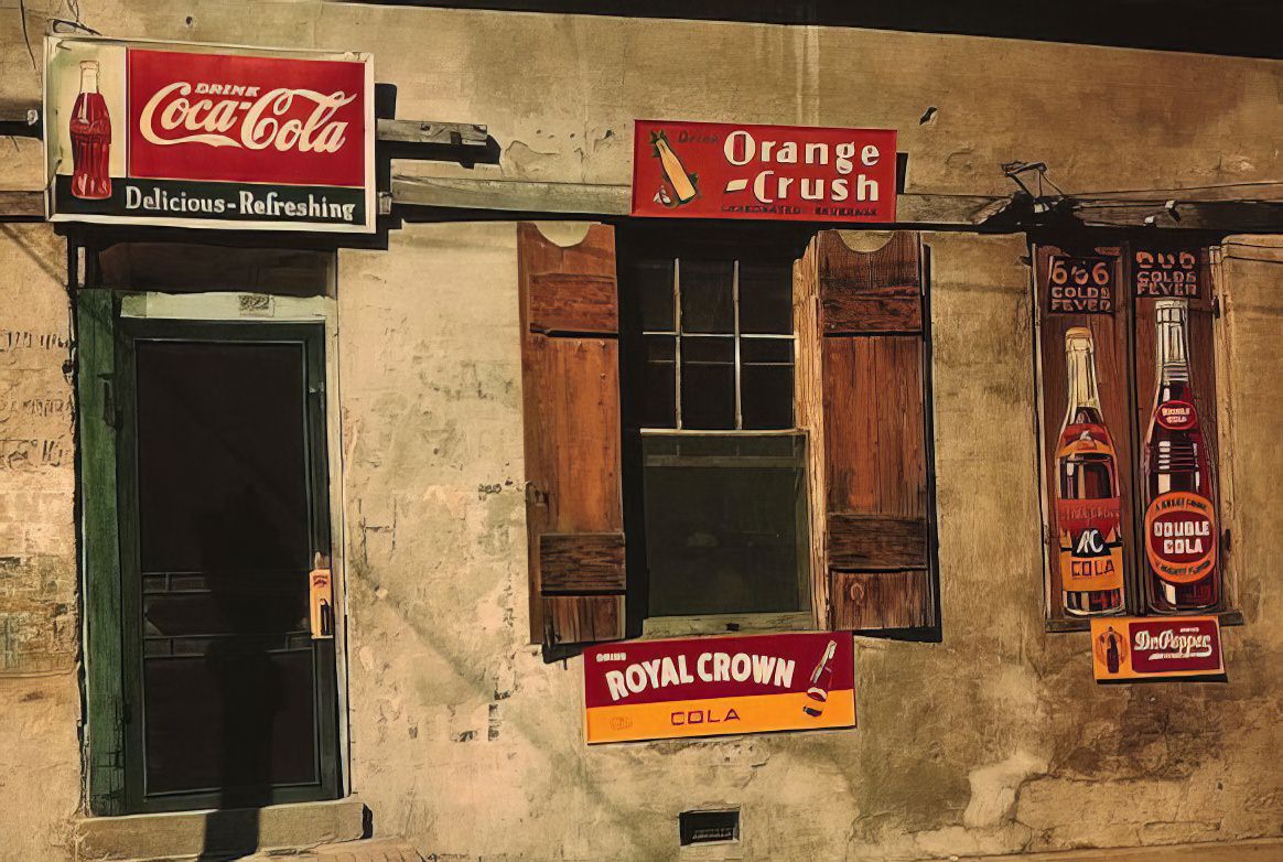 A store in Natchez, Mississippi, advertises Coca-Cola, Orange-Crush, Royal Crown, Double Cola, and Dr Pepper.
