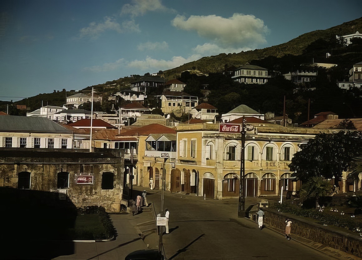 View down the main street from the Grand Hotel, Charlotte Amalie, Street Thomas Island, Virgin Islands, 1941.