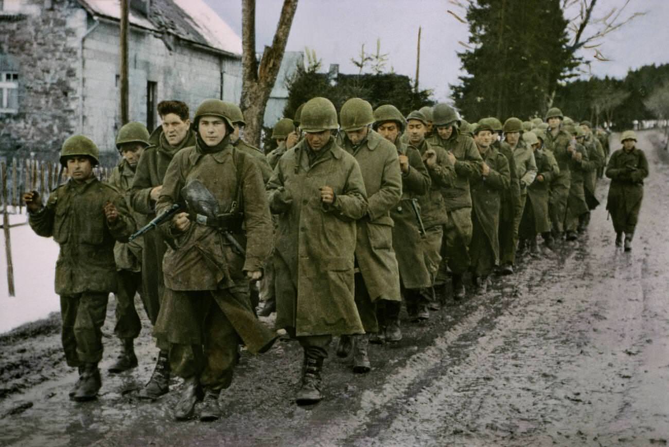 U.S. prisoners of war taken during the Battle of the Bulge, 1945.