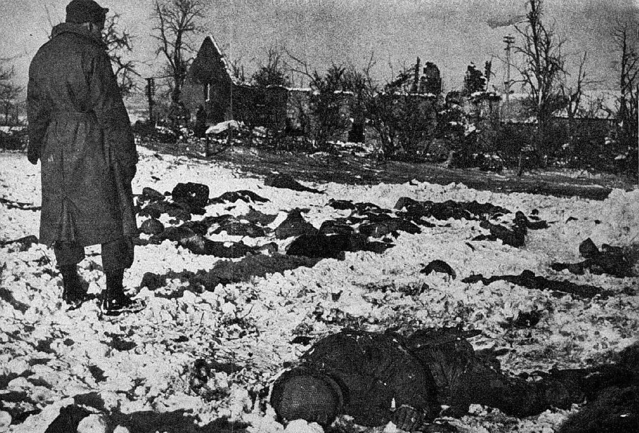 Bodies of executed American soldiers, known as the Malmedy massacre, during the Battle of the Bulge, 1944.