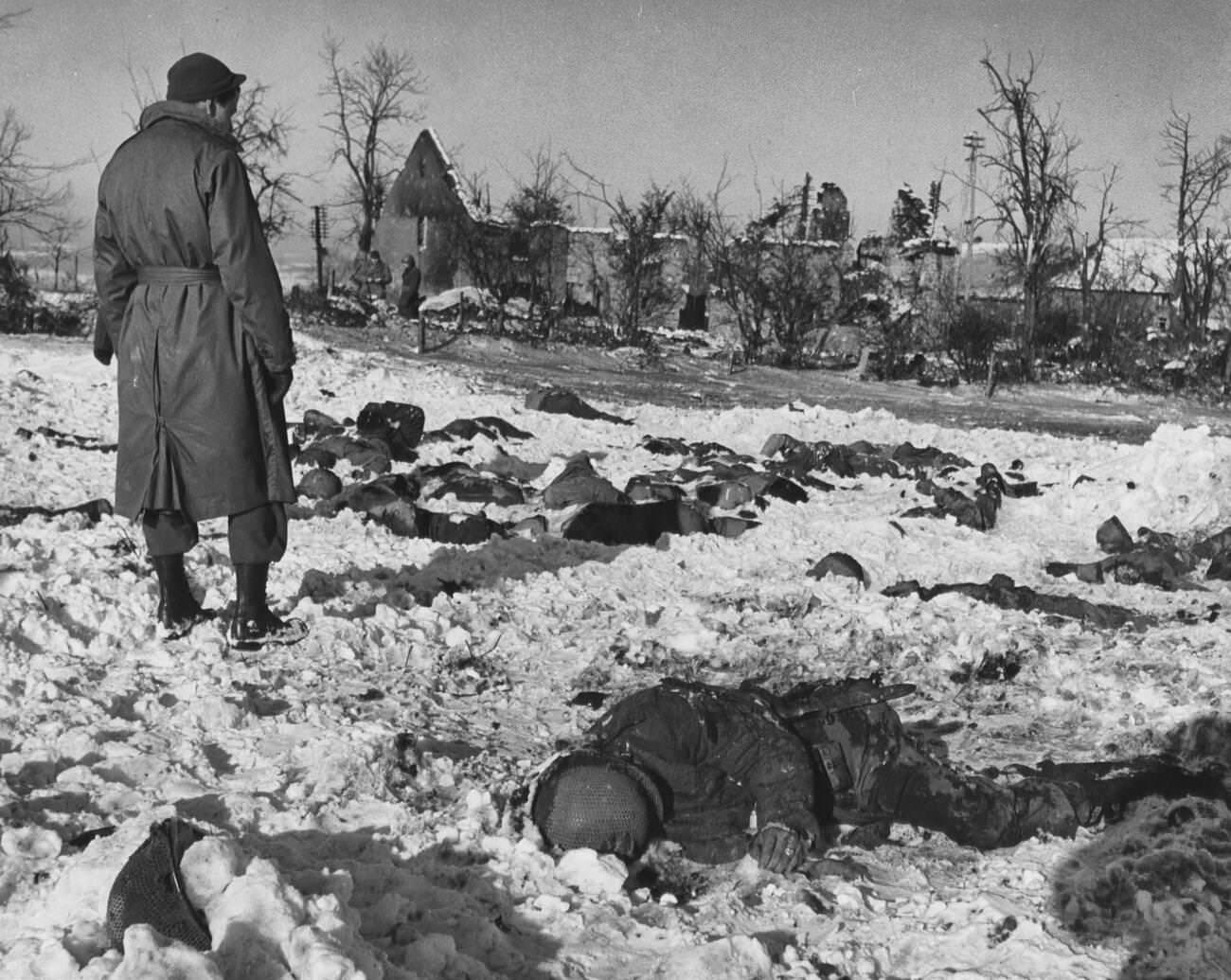 Approximately 70 members of Battery B killed after being captured at the beginning of the Battle of the Bulge, 1944.