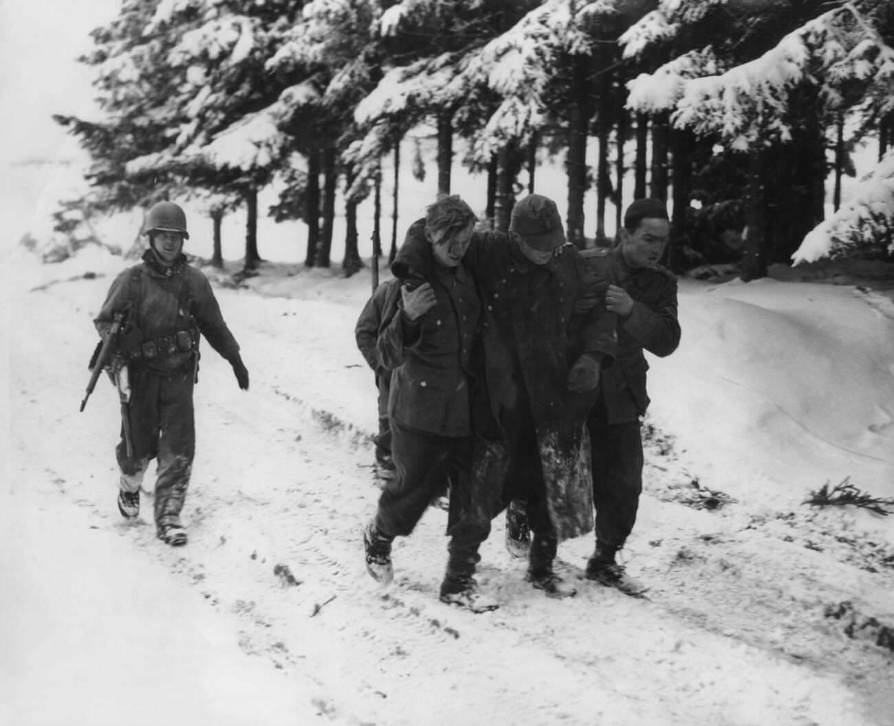 Allied counterattack, captured German soldiers, near Bastogne, 1945.