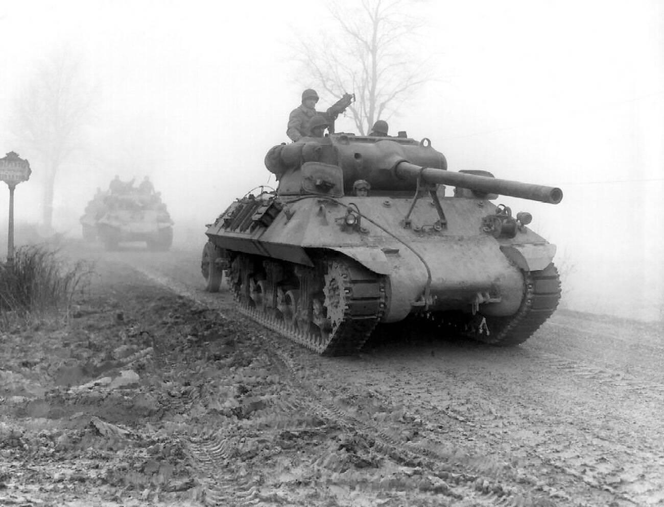 American M36 tank destroyers during the German Ardennes counter-offensive (known as Battle of the Bulge) in 1944 during World War 2.