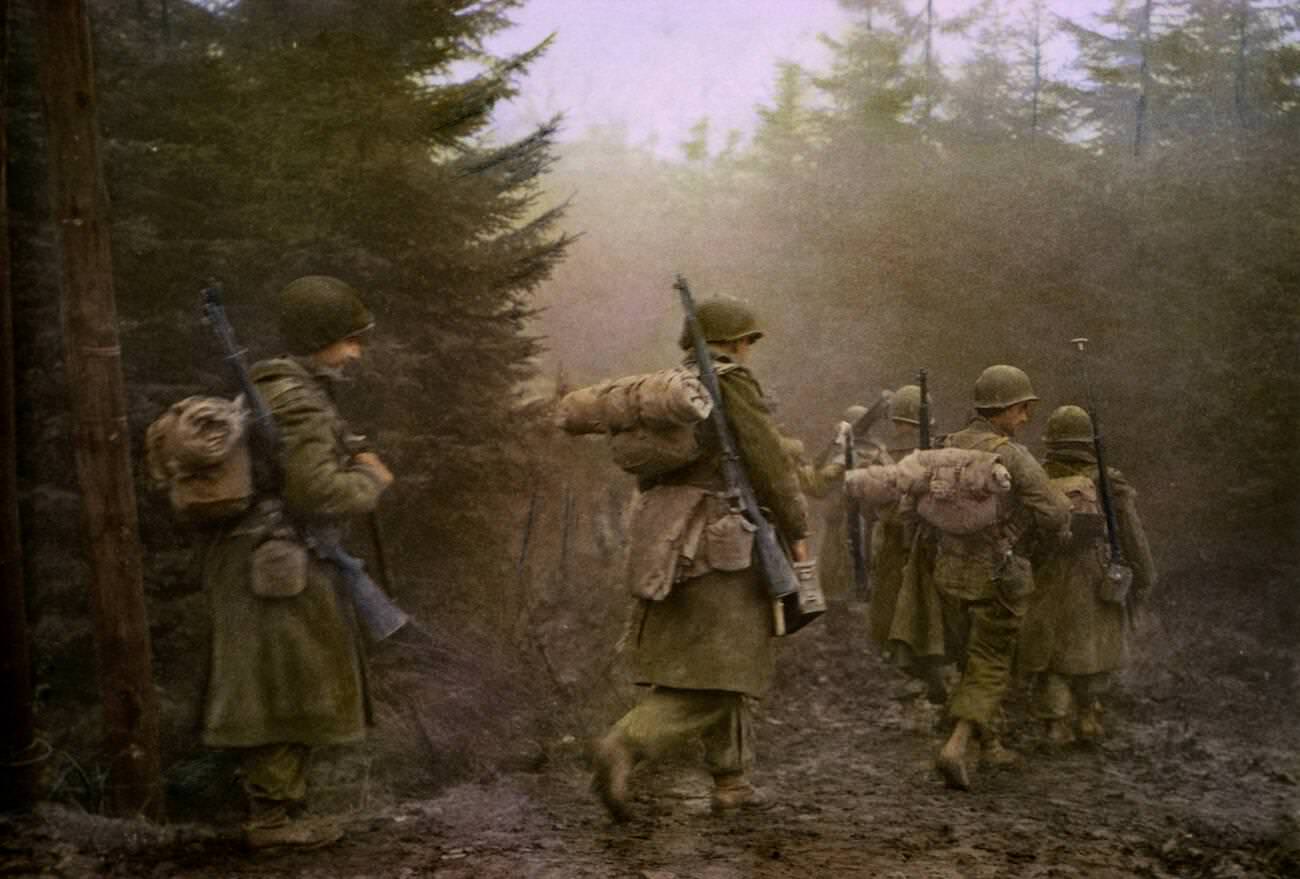 Members of the Airborne Division moving through the forest during the Battle of the Bulge.