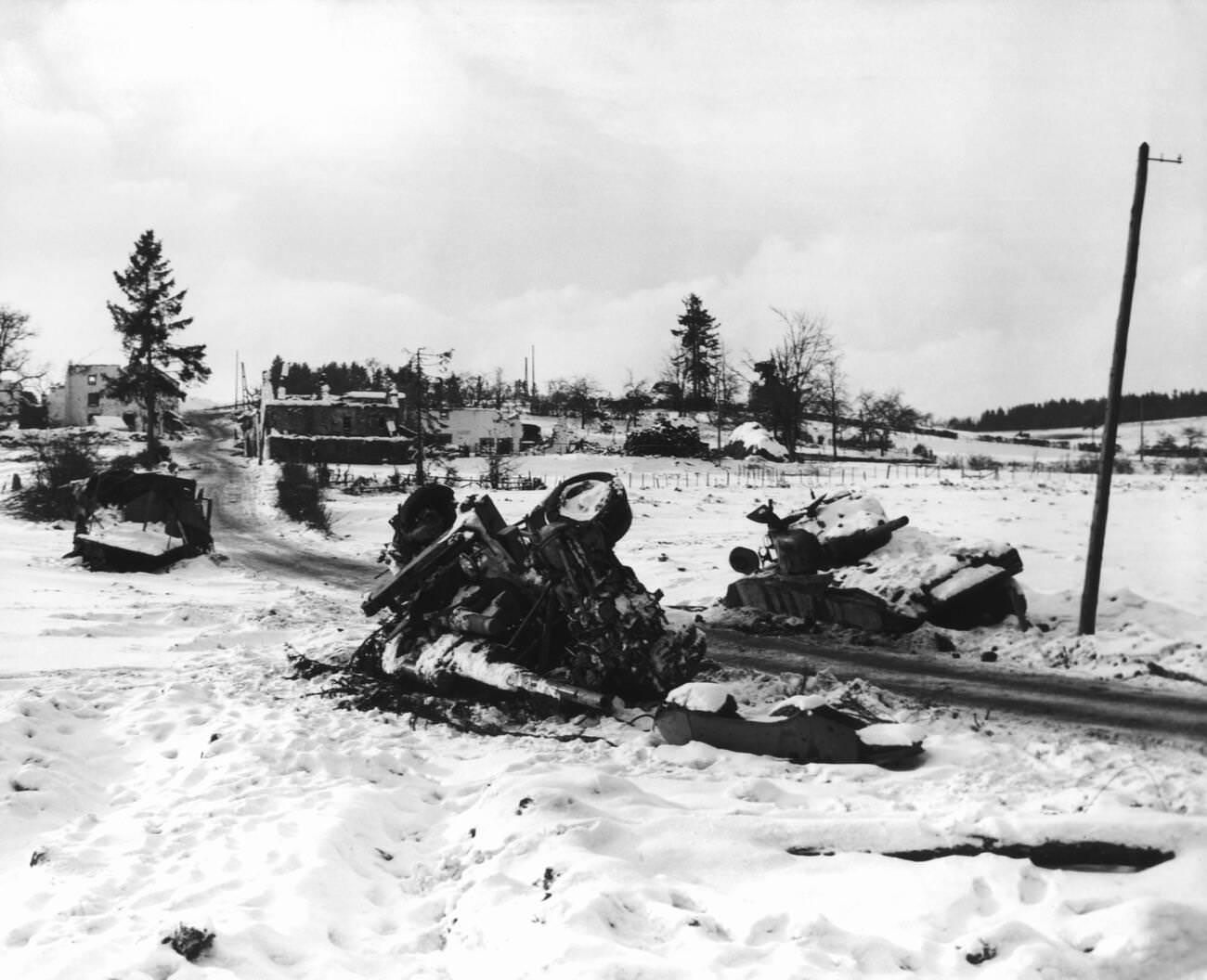 Allied counterattack, destroyed equipment after an attack of the 35th US Division against Lutremange, 1945.