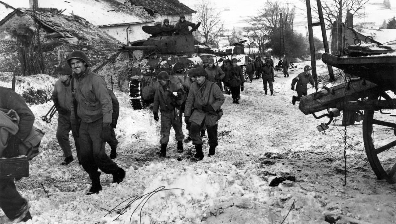 American troops in Belgium during the Battle of the Bulge, 1945.