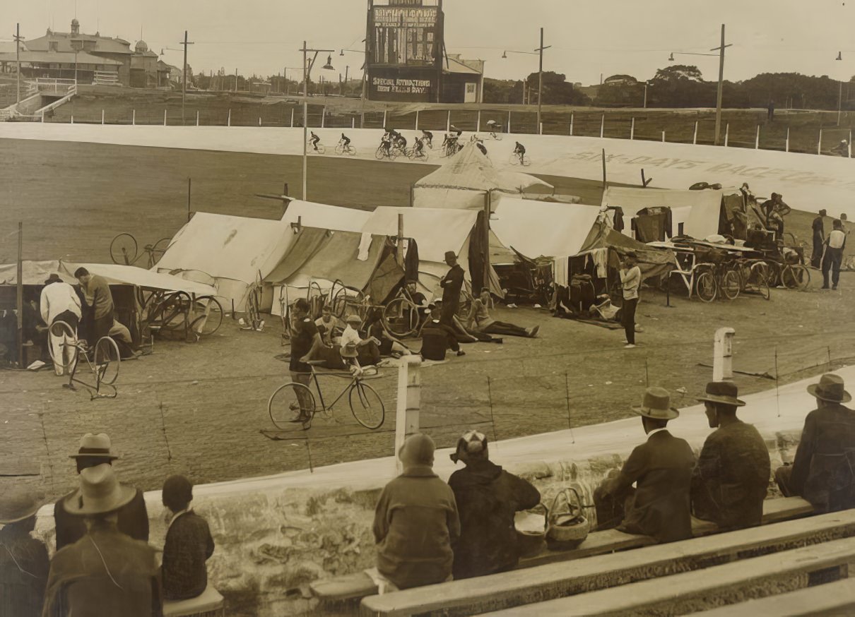 Cycle races, including a six days race, at a Sydney velodrome, Moore Park.
