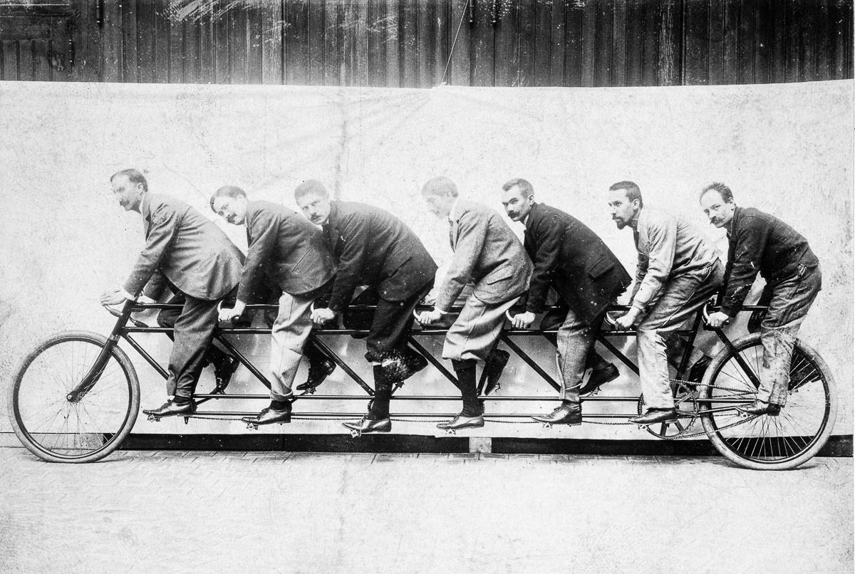 A seven-man tandem bicycle, 1895.