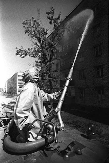 After the evacuation of Chernobyl on 5 May, 1986, liquidators wash the radioactive dust off the streets using a product called “bourda”, meaning molasses. Chernobyl had about 15,000 inhabitants before the accident.