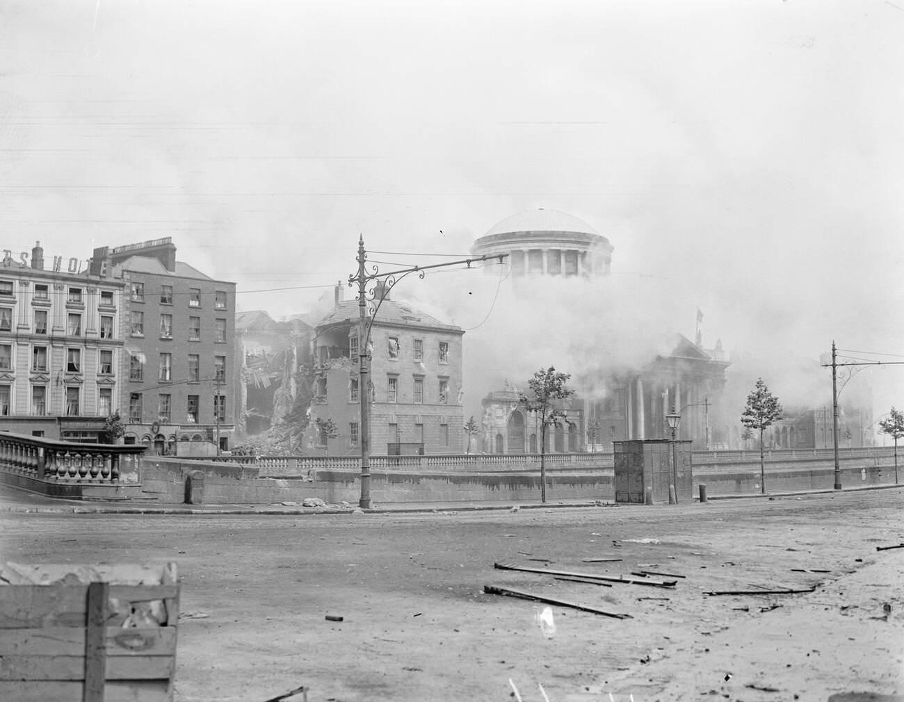 The Four Courts in Dublin ablaze after an explosion during the Irish Civil War, 1922.