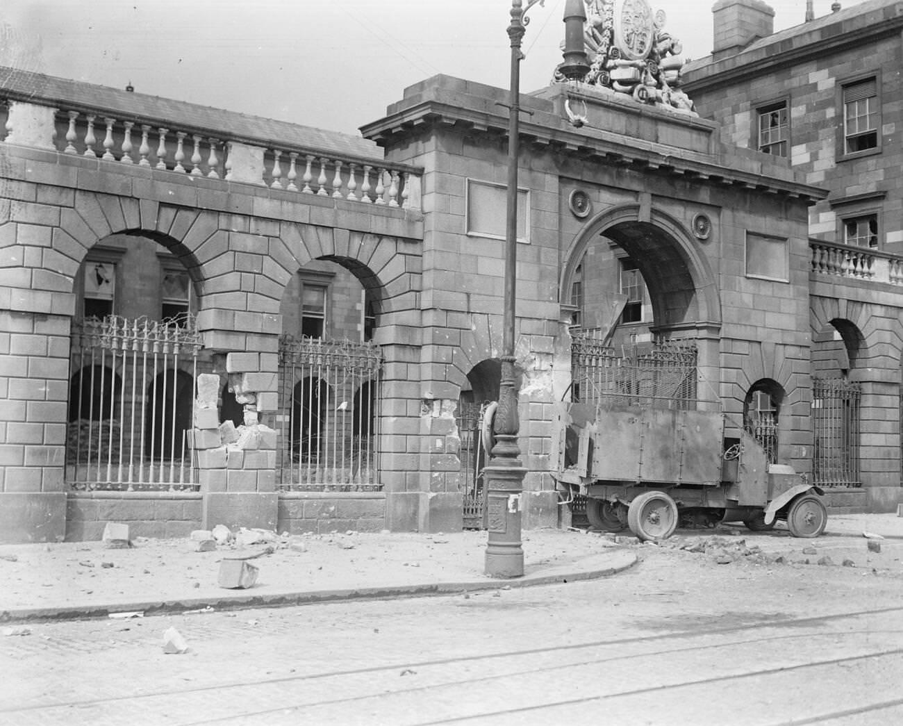 The Four Courts in Dublin showing an armored car used in the attack by the Irish Free State troops, 1922.