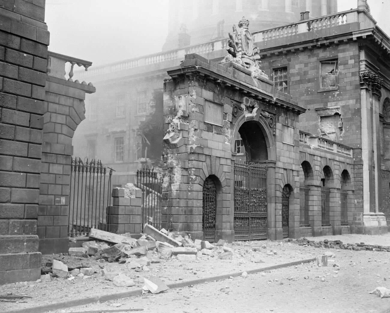 The gap torn in the front of the Four Courts showing the damage near the main entrance, 1922.