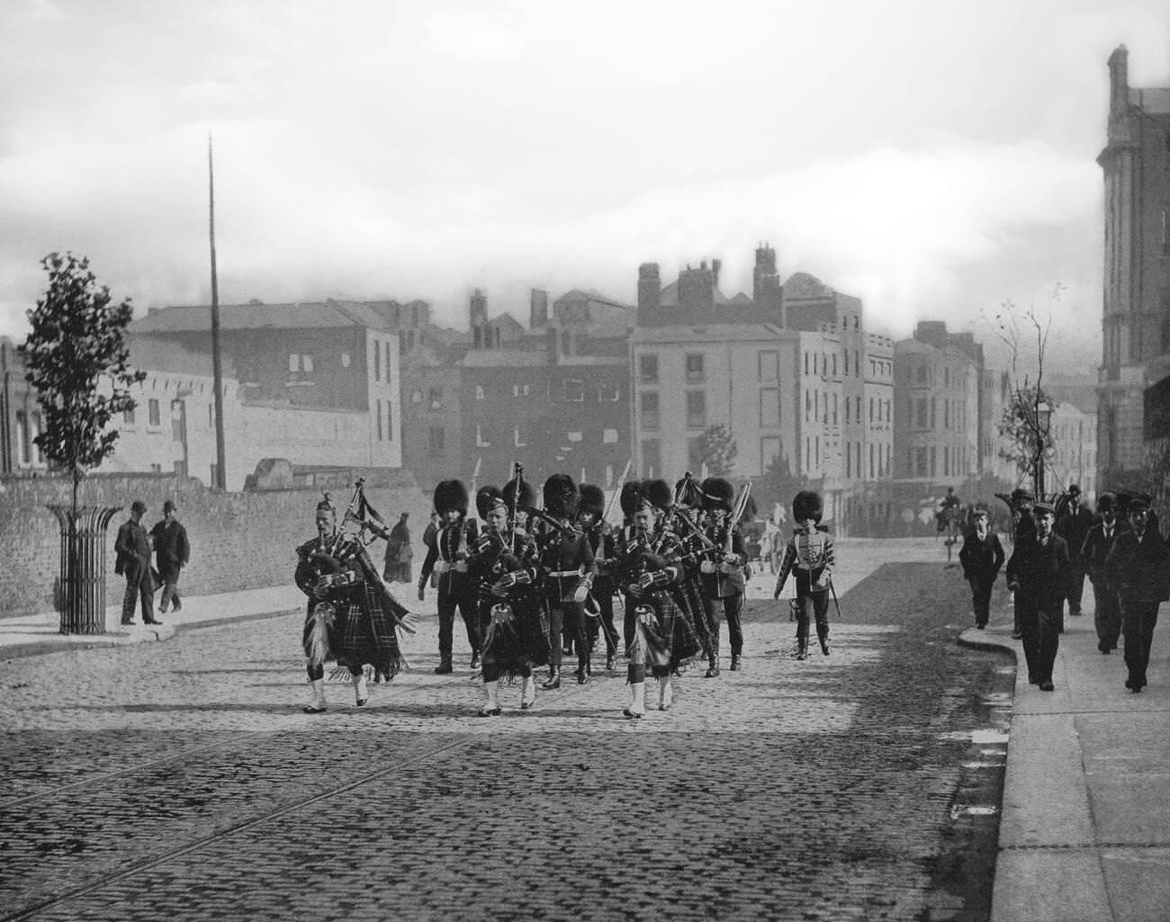 The Scots Guards of the British Army marching through Dublin.
