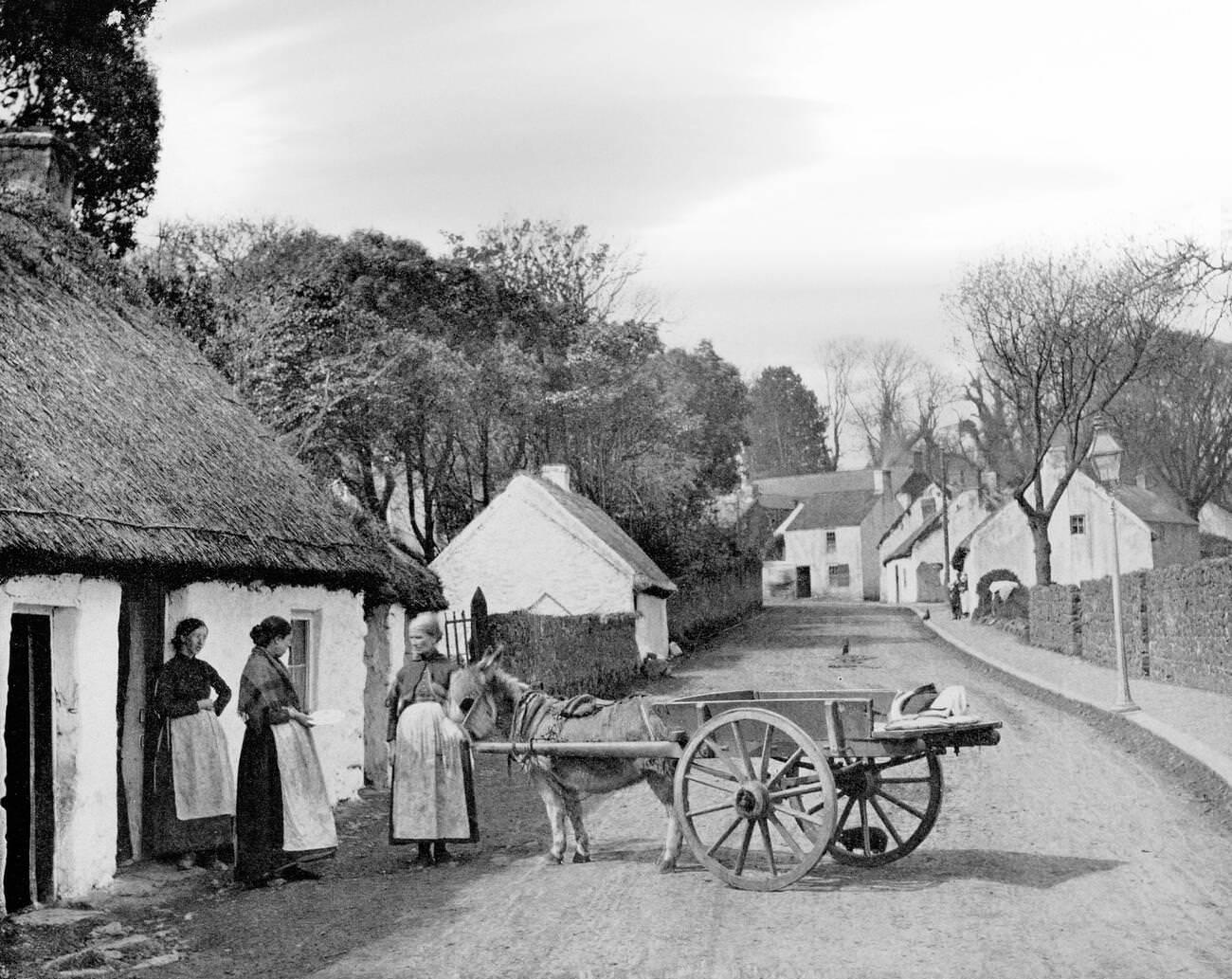 Village street life near the Dublin/Wicklow coast in which a fishwoman with donkey and cart sells produce to locals.