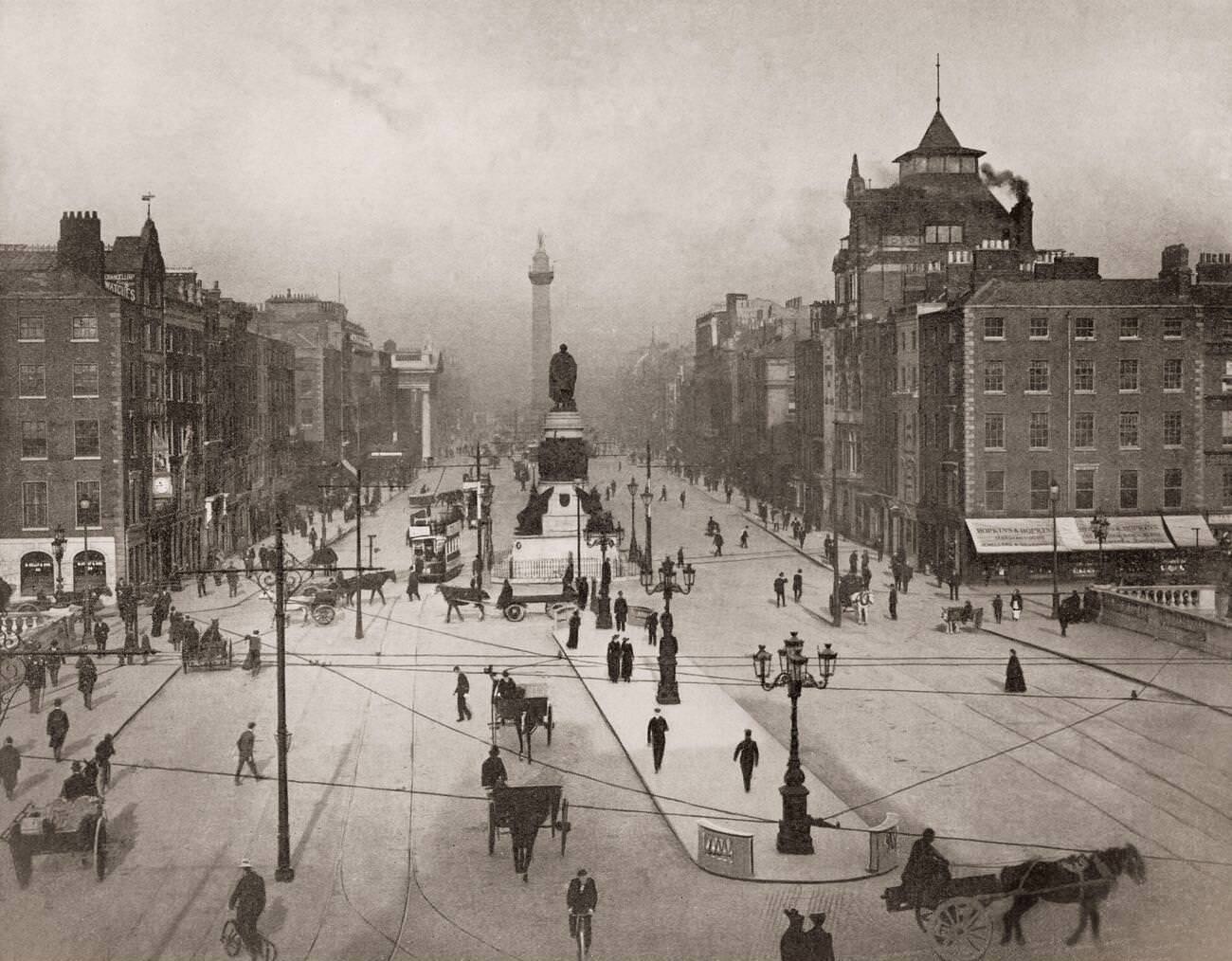 Aerial view of the O'Connell Bridge, spanning the River Liffey in Dublin and leading to O'Connell Street.