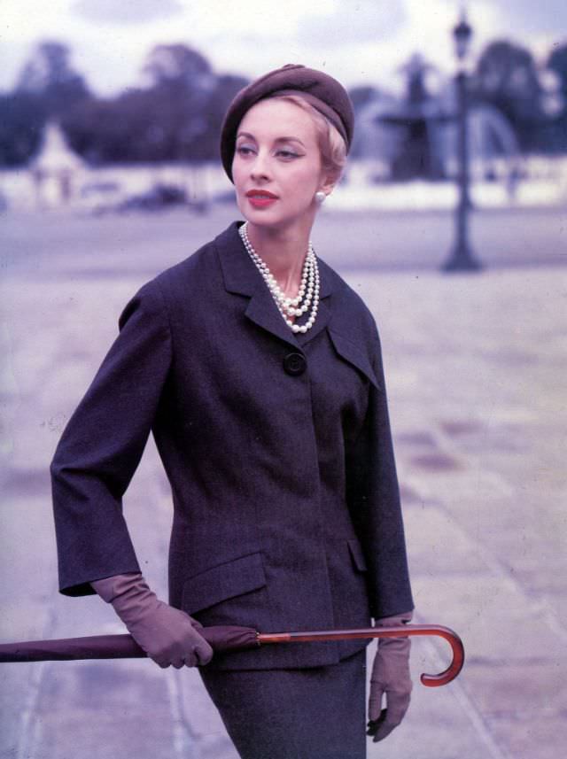 Marie-Thérèse in Balmain's elegantly tailored flannel suit named "Jolie Madame", 1956.