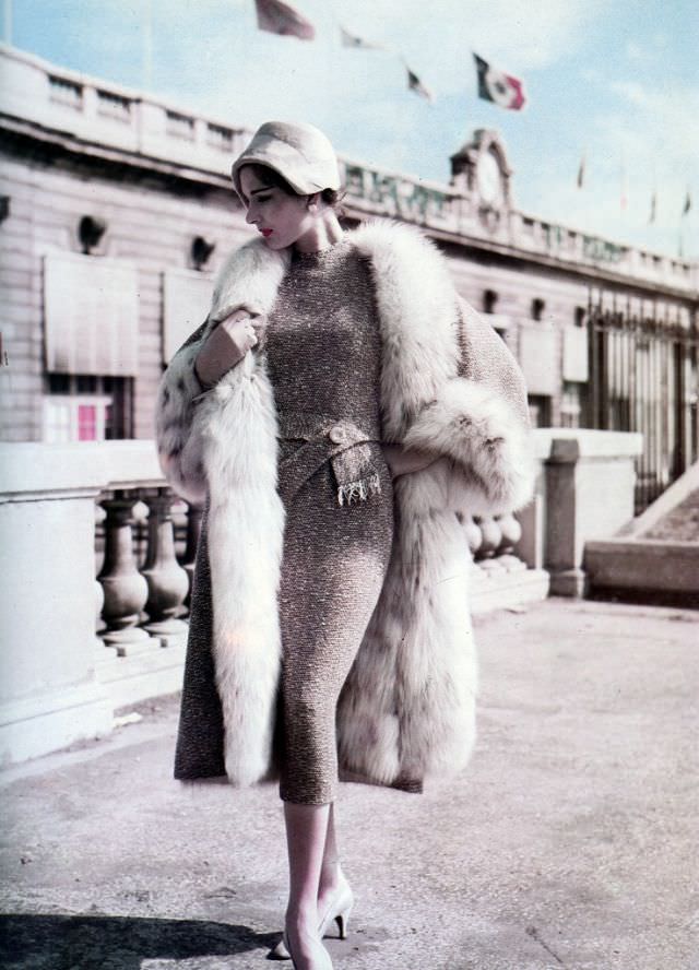 Balmain's dress and matching coat lined in fur, 1957.