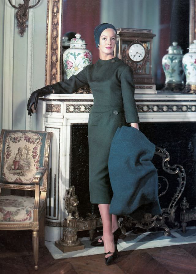 Balmain's town dress and coat modeled here by Barbara Cailleux, 1958.