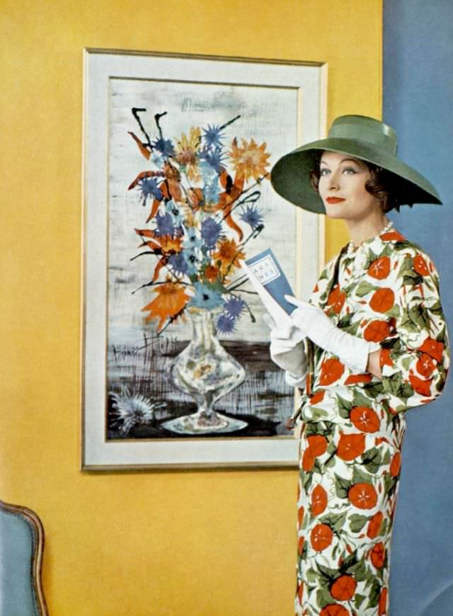 Bronwen Pugh (Lady Astor) in a silk floral print ensemble by Pierre Balmain, 1958.