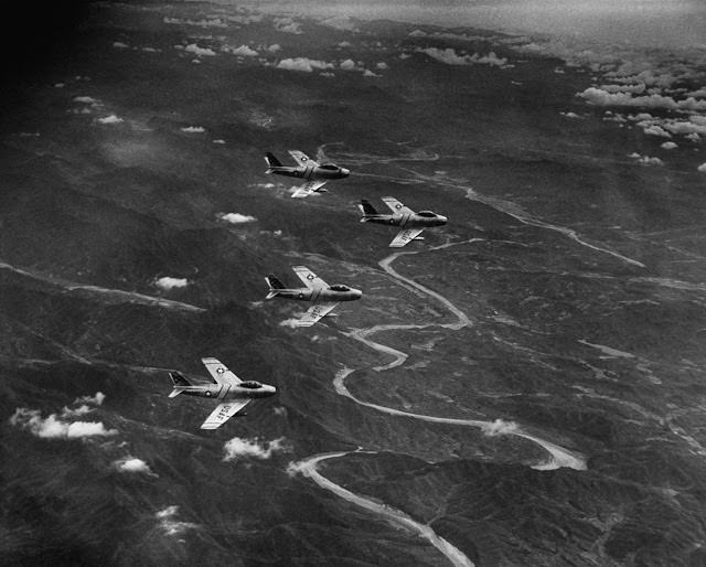 Fighter jets, F-86 Sabres, from the Fifth Air Force in Korea, 1953.