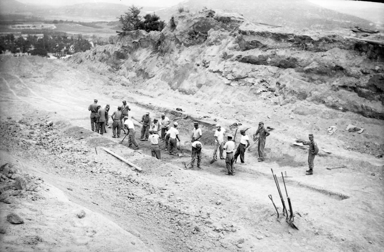 South Korean soldiers and workers on a US Army Construction Site, South Korea, 1955.