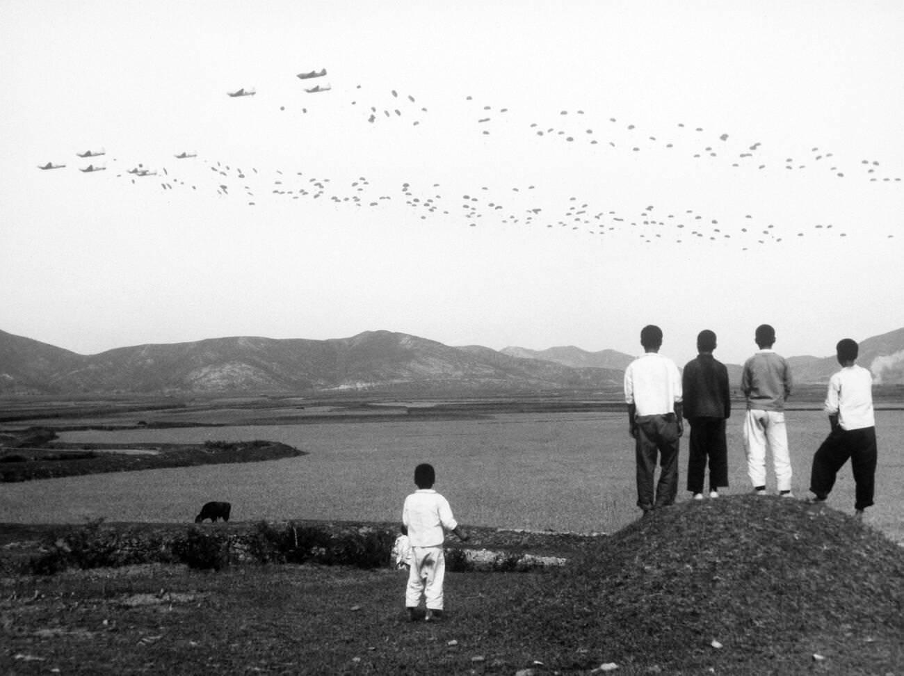 Korean War, Children Watch Paratroopers, 1950s.