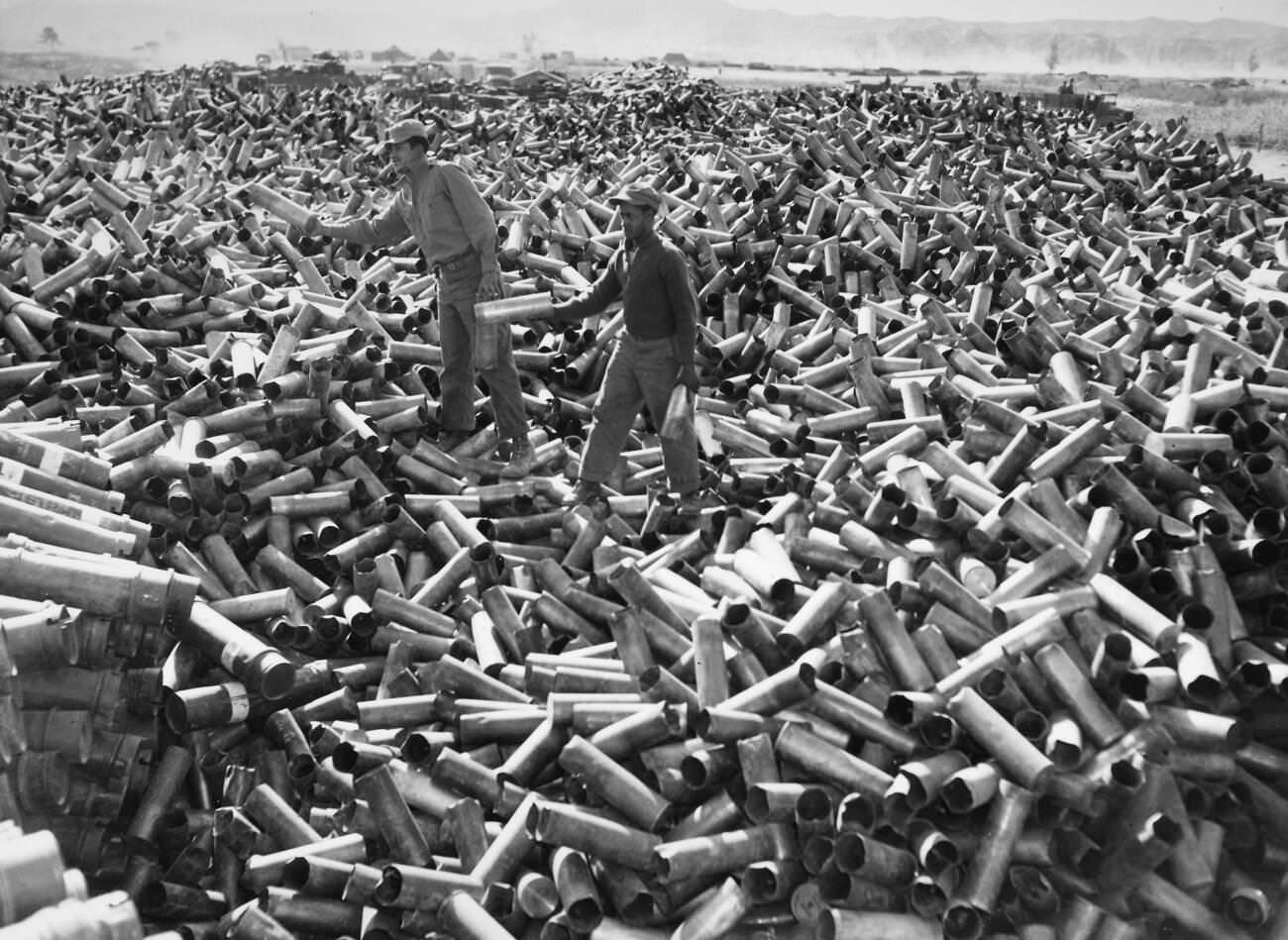 Brass artillery shell casings at a U.S. Army salvage yard in Korea, 1952.