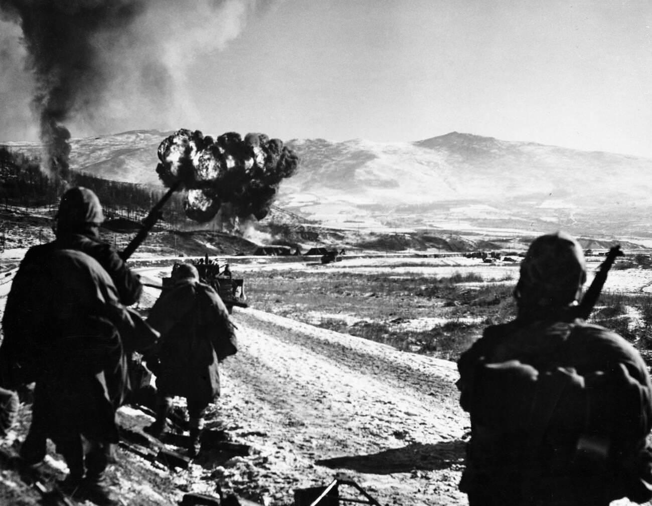 Army soldiers on a battlefield during the Korean War, 1950s.