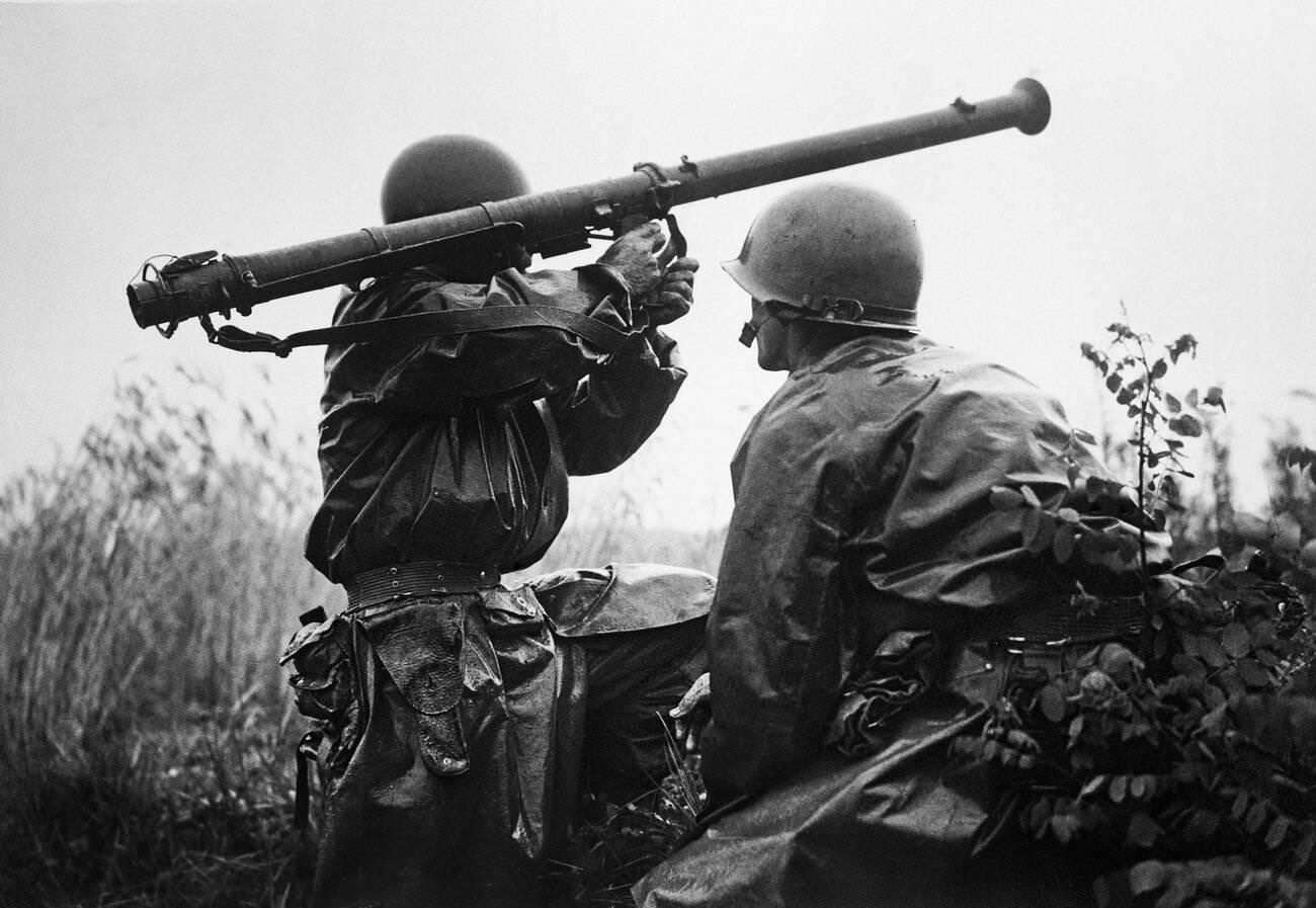 This two man bazooka team prepares to fire at tanks of the North Korean army, 1950s.