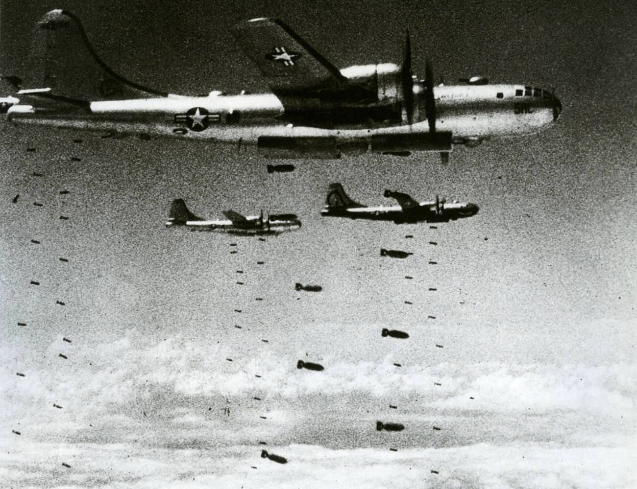 KOREAN WAR US Air Force B-29 Superfortresses on a daylight bombing raid, 1951.