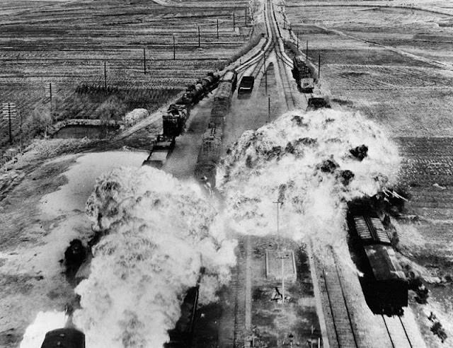 The U.S. Air Force attacking railroads south of Wonsan on the eastern coast of North Korea, 1950s.