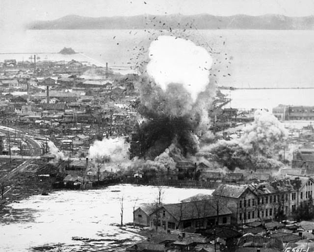 B-26 Invaders bomb logistics depots in Wonsan, North Korea, 1951.