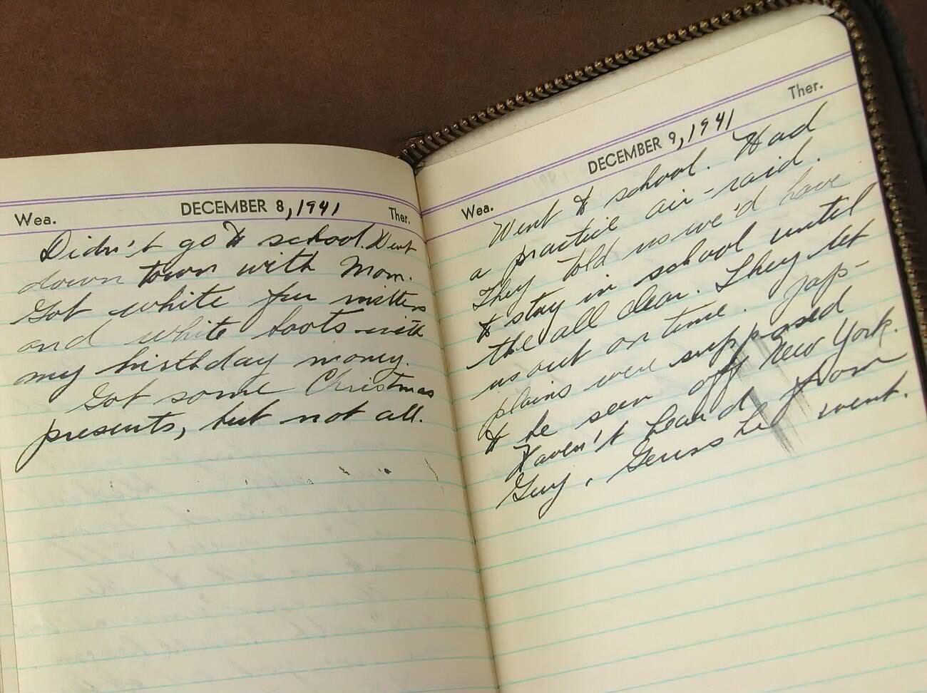 A vintage personal diary with notes on the attack on Pearl Harbor propelling America into World War II, 1941.