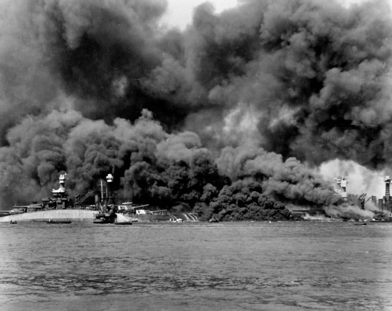 View of Battleship Row during or immediately after the Japanese raid, 1941.