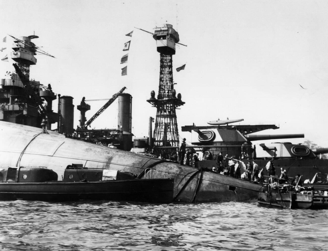 The capsized USS Oklahoma after the Japanese attack on Pearl Harbor, 1941.