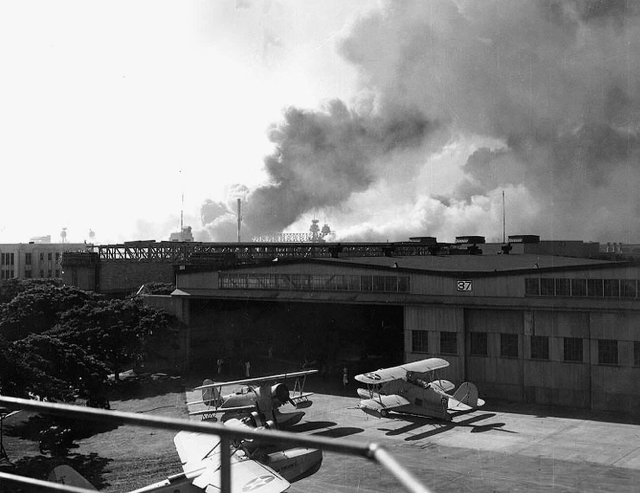 Hangar 37, NAS Ford Island during the Pearl Harbor attack, 1941.