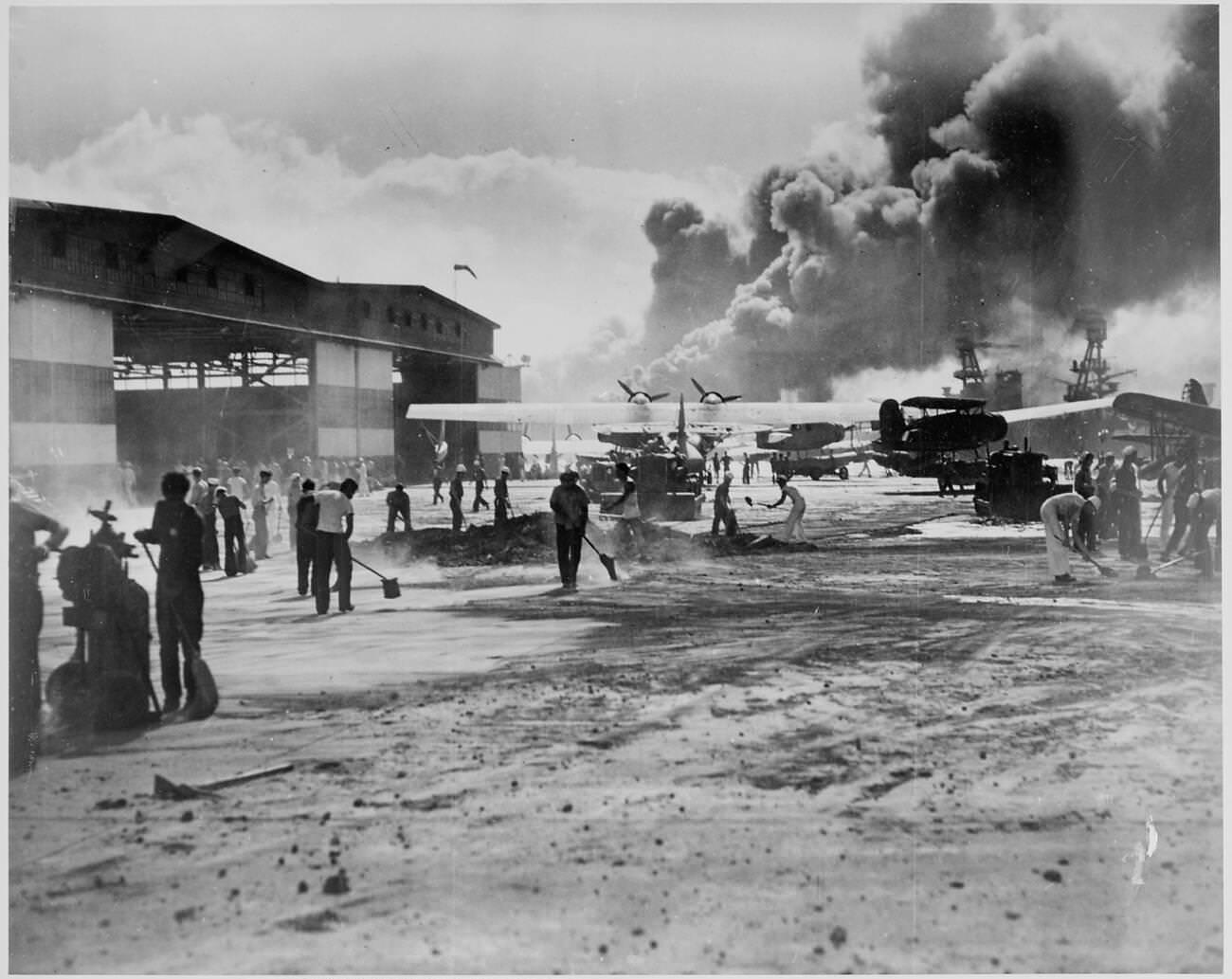 A naval photograph documenting the Japanese attack on Pearl Harbor, Hawaii that initiated the United States' participation in World War II, 1941.