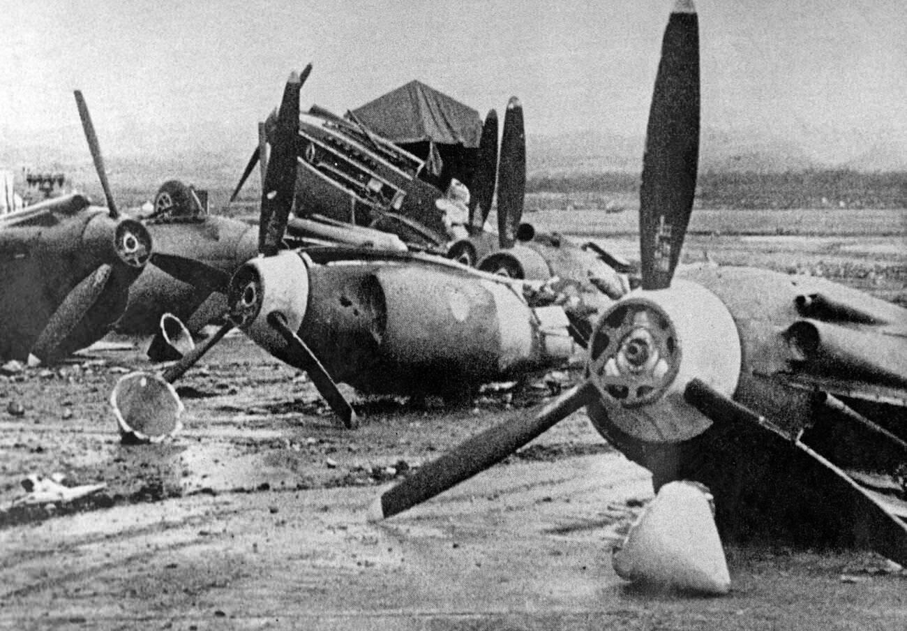 Destroyed aircraft engines in Pearl Harbor, 1941.