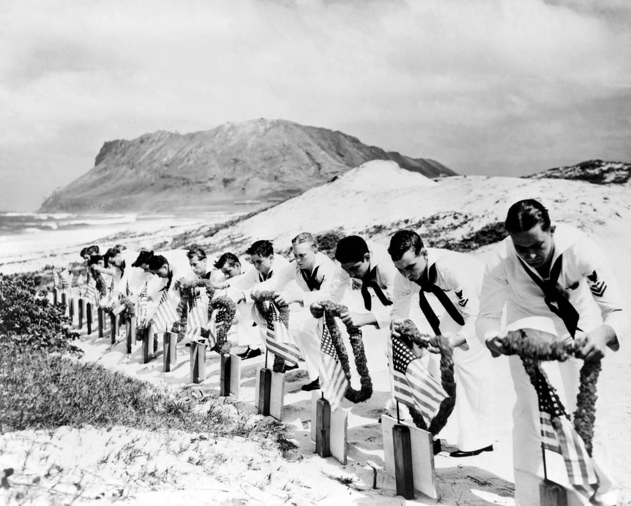 Sailors decorate Pearl Harbor graves, 1941.