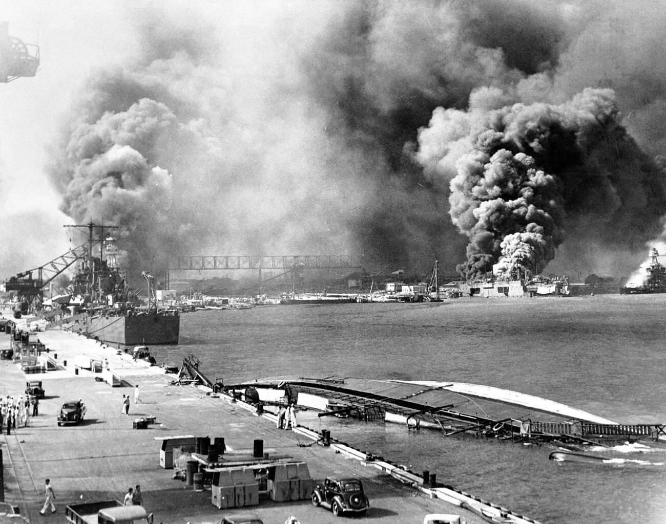 Scene after the Japanese attack on December 7, 1941.