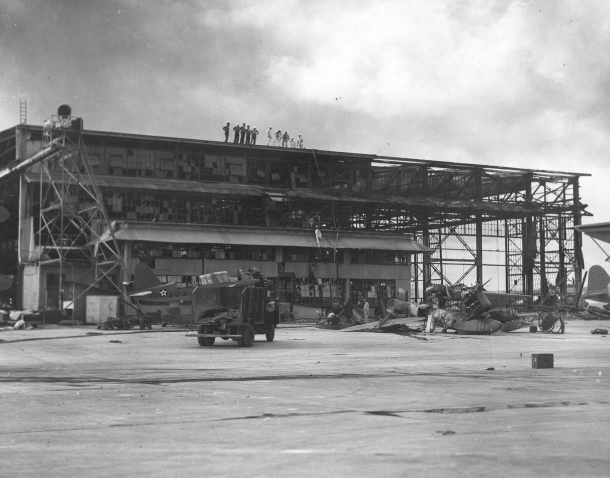 Planes and hangars wrecked in the Japanese attack on Pearl Harbor, 1941.