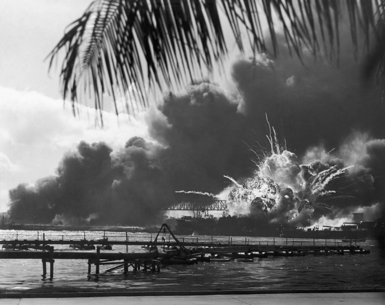 The American destroyer USS Shaw exploding in the dry dock during the Japanese attack on Pearl Harbor, Hawaii, 1941.