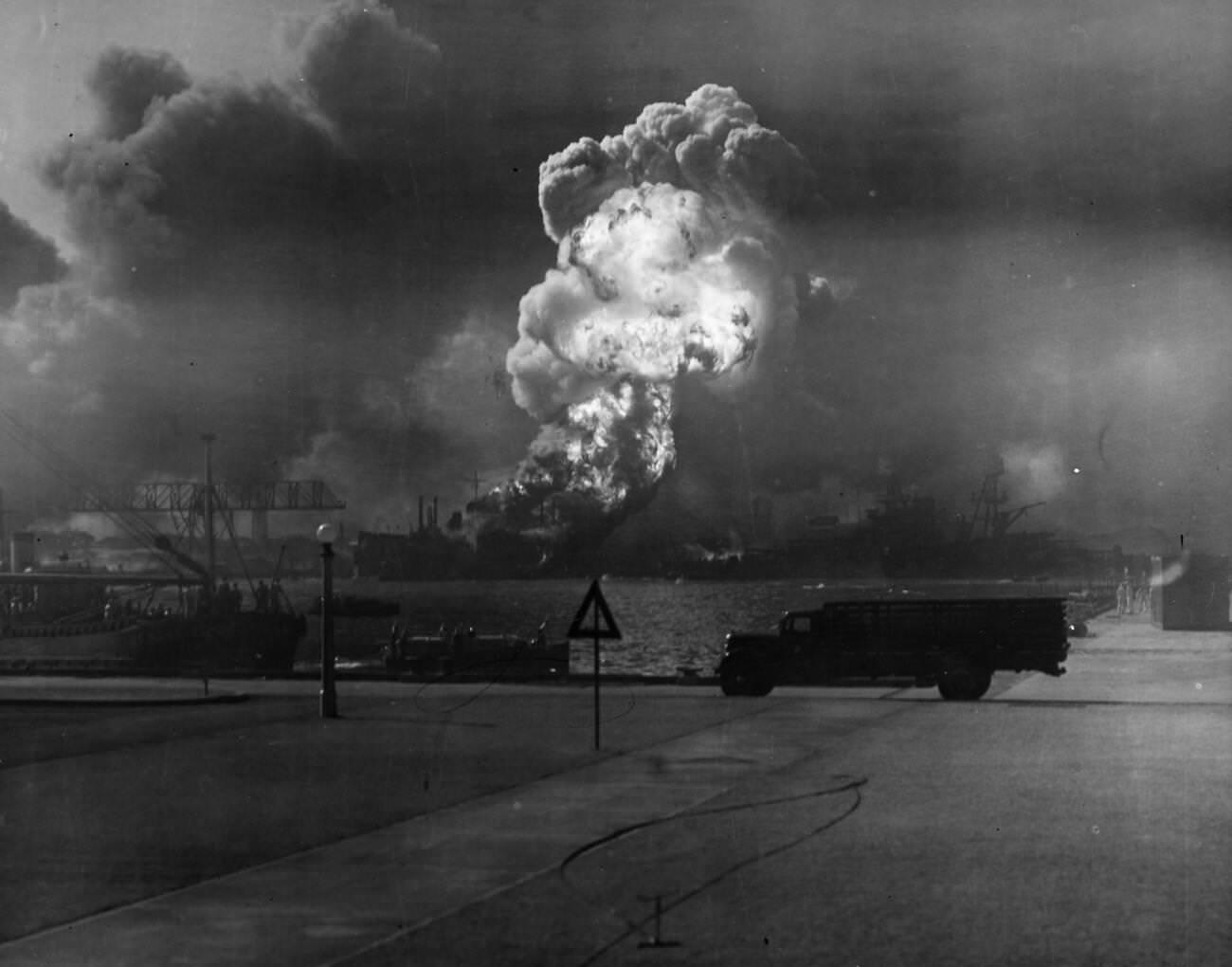 The USS Shaw in flames following the explosion of its magazine during the Japanese attack on the U.S. naval base at Pearl Harbor, Hawaii, 1941.